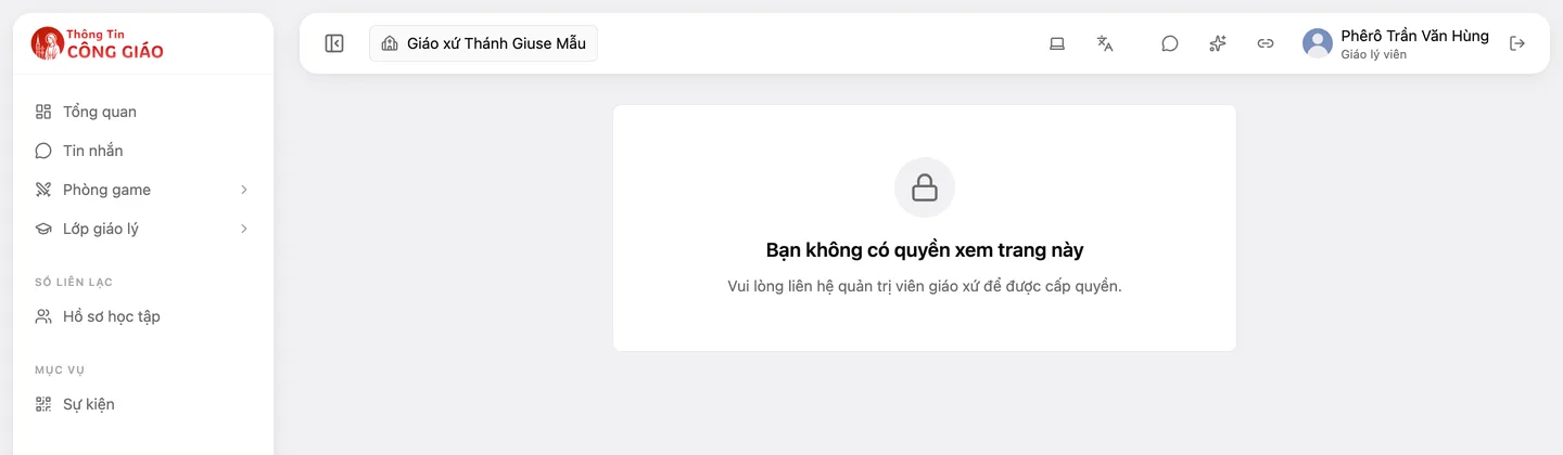 Trang quản trị hiện «Bạn không có quyền xem trang này» và dòng «Vui lòng liên hệ quản trị viên giáo xứ để được cấp quyền.»