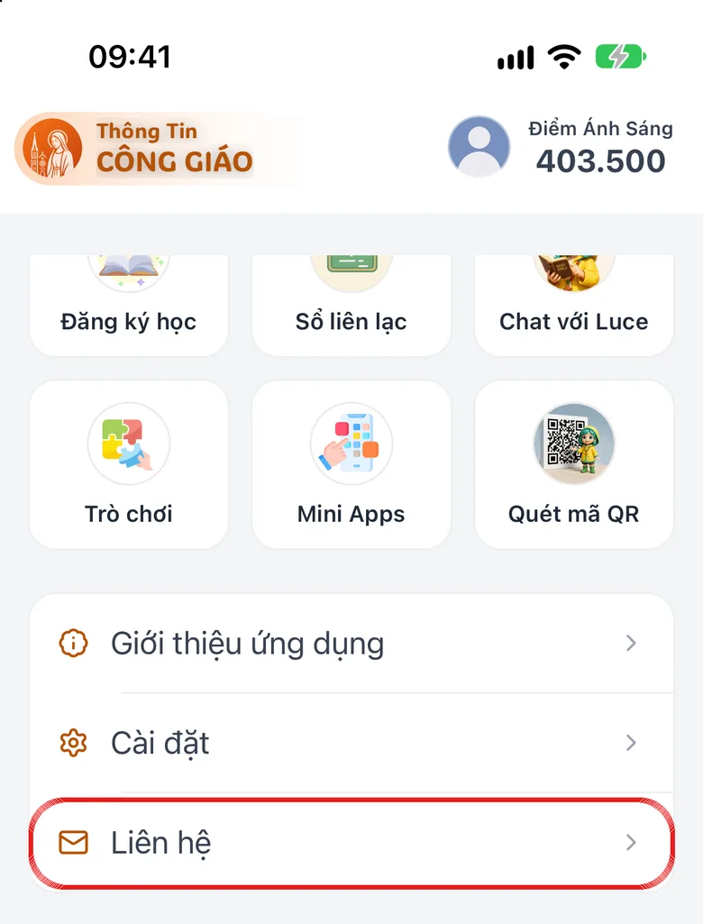 Cuối thẻ Danh mục với dòng «Liên hệ» được khoanh đỏ