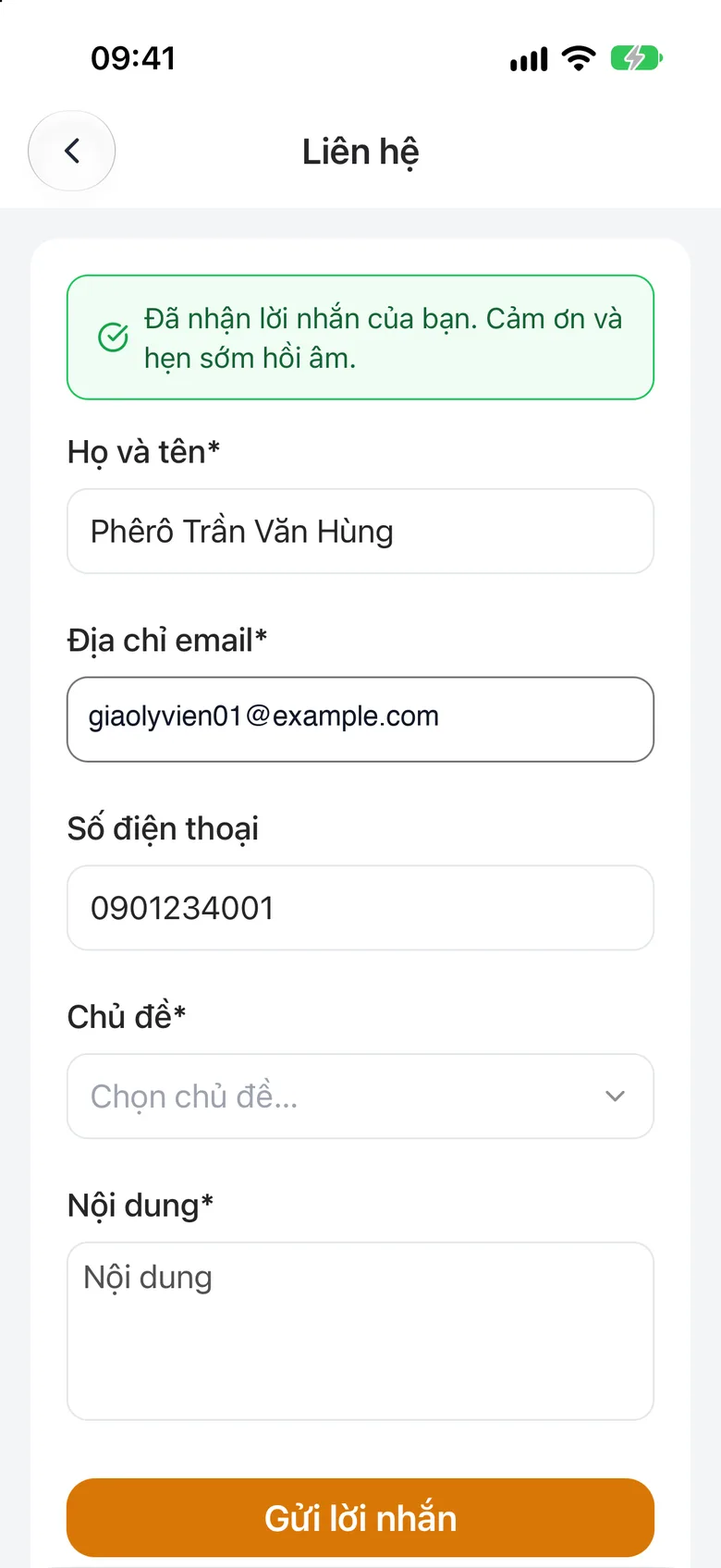 Thông báo «Đã nhận lời nhắn của bạn. Cảm ơn và hẹn sớm hồi âm.» sau khi gửi